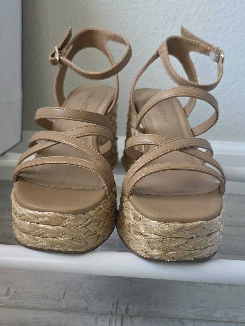 Sun + Stone Tan Strappy Wedge Sandals with Braided Platform - Picture 4 of 7
